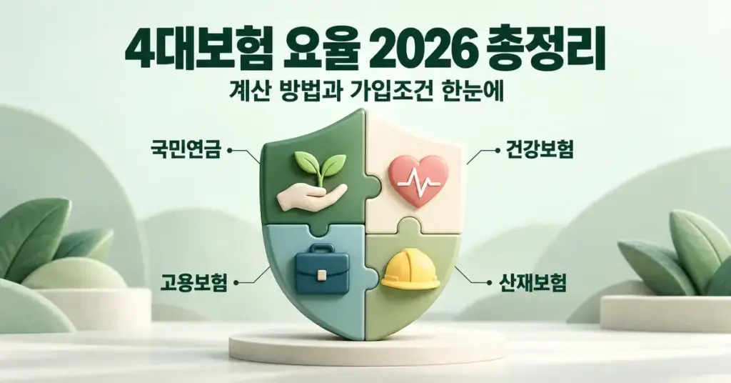 2026년 4대보험 요율과 계산 방법 및 가입조건을 안내하는 제목 아래 국민연금·건강보험·고용보험·산재보험을 네 조각의 방패로 표현한 이미지.