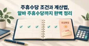 주휴수당 조건과 계산법을 안내하는 제목 아래 근무일에 체크된 주간 수첩과 유급휴일을 나타내는 급여 봉투, 계산기가 배치된 이미지.